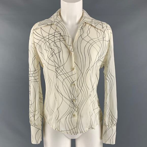 LAUNDRY Size 2 White Black Rayon Abstract Button Up Blouse - Picture 1 of 6